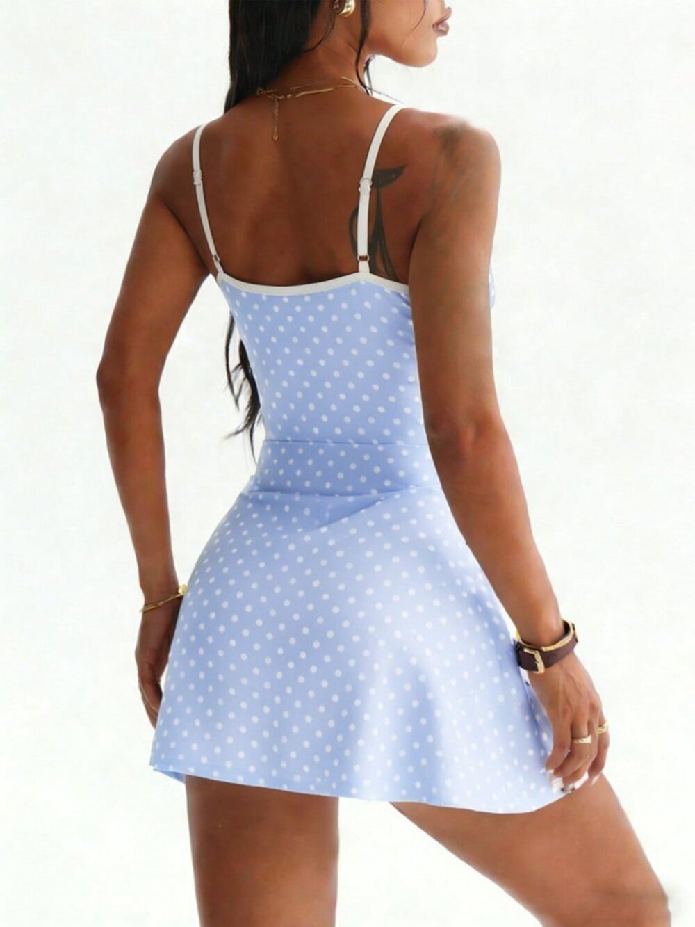 Blue Spaghetti Strap Polka Dot Women's Golf Dress with Detachable Shorts - Picture 5 of 6